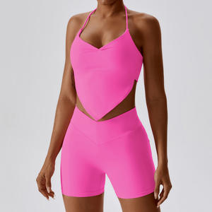 Conjunto de Yoga de Color Sólido para Mujer al por Mayor, Sujetador Deportivo con Copa Fija y Pantalones Cortos Antibacterianos, Conjunto de Dos Piezas para Fitness - Product Image 5