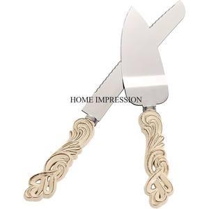 Luxury Gold Zinc Alloy Wedding <b>Pastry</b> Cake Server and Knife <b>Cutter</b> Set With Marble Coaster Rectangle Shape Handles for Best Grip - Product Image 3