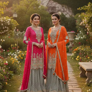 ชุดเดรสงานปาร์ตี้แบบดั้งเดิม ผ้าคลุมไหล่ปักลายสวยงาม งานปักเลื่อมแบบหนักแน่น ดูหรูหรา แห้งเร็ว พร้อมเสื้อท่อนบนและกางเกงชาราร่า - Product Image 1