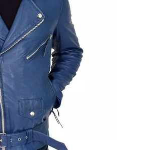 Haute Qualité Hommes Bleu Foncé Véritable Peau De Mouton En Cuir Veste Manteau D'hiver Moto Bomber Biker Style Enduit Processus - Product Image 2