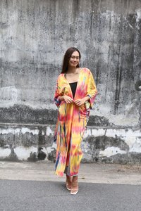 OEM Service Women Batwing Sleeve <b>Long</b> <b>Cardigan</b> Bohemian Oversized Tie Dye Solid Natural Waist Cotton Beach Kimono Maxi <b>Dress</b> - Product Image 5