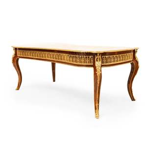 Mesa de Centro Rectangular de Lujo con Incrustaciones Florales de Madera y Detalles en Latón Dorado Antiguo para Salas de Estar Clásicas - Product Image 4