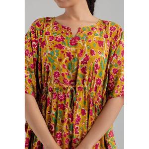 Robe longue ethnique jaune à imprimé floral, en pur coton, taille élastique, longueur genou, vêtements décontractés pour la journée - SHKUP1251 Tailles XS à XL - Product Image 6