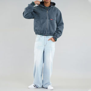 Sweat à capuche épais en coton 100% 500GSM, style streetwear, avec fermeture éclair, coupe courte, lavage au sable, couleur marine, OEM - Product Image 3