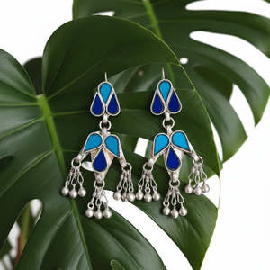 Pendientes de Aro Estilo Tribal Afgano, Diseño Étnico Clásico Geométrico, con Perlas, Diamantes, Cobre y Vidrio, para Fiestas Religiosas - Product Image 1