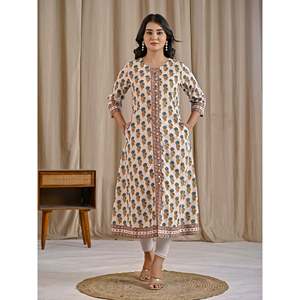 Sea Green Butti Block Printed Cotton Aline Kurti Casual Day-to-Day Office Lady Wear Floor-Length Diamond Breathable Natural - Product Image 3