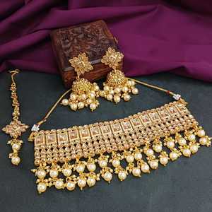 Joyería India gargantilla collar Maang Tikka pendientes Bollywood boda cristal Kundan collar pendientes cabeza cadena conjunto - Product Image 1