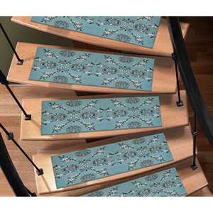 Alfombra Azul con Diseño Navajo, Flores Blancas, Moderna, Fácil de Limpiar, Goblen - Product Image 1