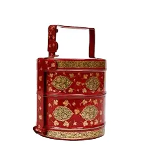 Hand printed stylish Stainless steel lunch box steel colored printed lunch box 3 tier tiffin unique design handle tiffin