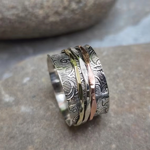 925 <b>Sterling</b> <b>Silver</b> <b>Spinner</b> <b>Ring</b> Boho Engraved <b>Ring</b> with Two Tone <b>Spinners</b> Wide Fidget Meditation <b>Ring</b> Unisex Statement Band - Product Image 1
