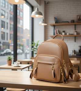 Sac à dos pour ordinateur portable en cuir véritable beige, fermeture éclair moderne, sac de voyage tendance pour femmes, sac d'école, sac à dos de travail, grand sac à main - Product Image 5