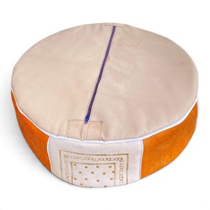 Handmade Genuine Leather Ottoman Stool Orange White Patchwork Footstool Gold Embroidered Antique Eclectic Design Living Room - Product Image 3