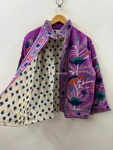 Veste en velours violet brodée à col mandarin, manches longues, motif floral bohème, vêtements d'extérieur d'automne pour femmes - Product Image 2