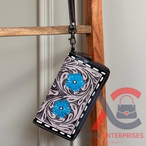 Portefeuille en cuir véritable taillé à la main sculpture pochette bracelet couleur Turquoise fleur multi-usages pour femmes multi-usages Offre Spéciale - Product Image 2