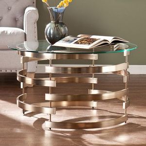 Mesa de centro moderna de vidrio templado con base de acero inoxidable cepillado dorado mejor última colección modal de alta calidad - Product Image 1