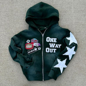 Haute qualité lavage à l'acide Streetwear Boxy recadrée en détresse Vintage broderie Patch sweat à capuche zippé français Terry à capuche personnalisé - Product Image 3