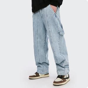 Jeans baggy pour homme en coton 100% avec logo personnalisé OEM, bleu clair, pantalon à jambes larges, imprimé, couleur foncée, fermeture éclair, lavé, style streetwear, grande taille - Product Image 2