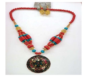 Mosaic Pendent Bone <b>Beads</b> Red Color Fashion Jewellery Necklaces <b>Set</b> GC-NK-250-D for Women Gifting - Product Image 1