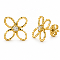 JJBRAVO Pendientes de flor de pétalos abiertos de oro macizo de 14k con circonita redonda para mujer, joyería fina elegante, regalo para fiesta de boda