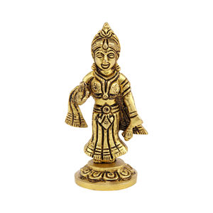 Idole Radha Rani en laiton, statue décorative Radha Kishori, Murti religieux hindou traditionnel, 10 cm, finition dorée - Product Image 3