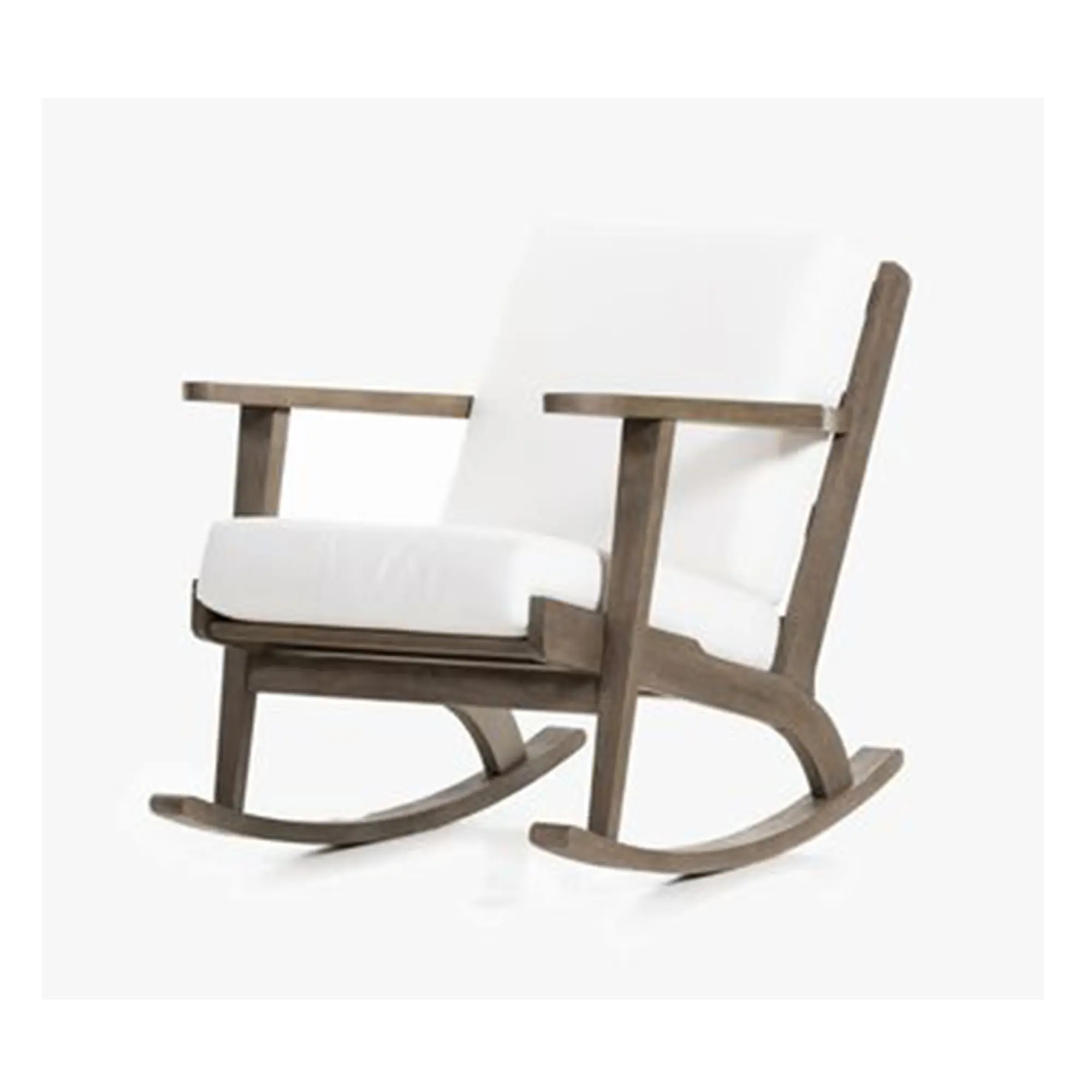 Cadeira de balanço rústica simples Ramlan feita de madeira maciça de teca e almofadas grossas com acabamento cinza.
