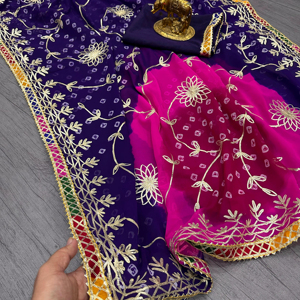 Sari de Georgette Puro y Premium de Alta Calidad con Estampado Multi Bandhani, Múltiples Colores, C~Pallu con Trabajo Gota - Product Image 1