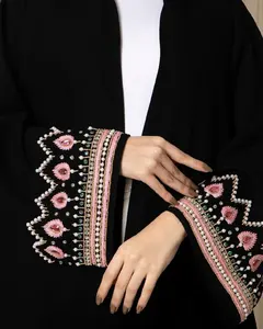 Abaya de prière longue à manches longues en soie rose, faite à la main, anti-rides, de Dubaï, avec de magnifiques cristaux, robe luxueuse pour femmes, toutes saisons - Product Image 2