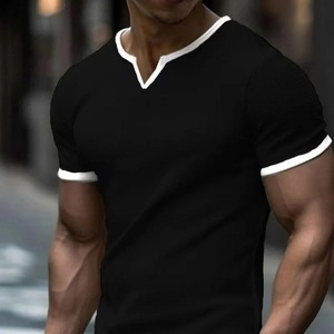 NOVEDAD DE VERANO 2025, camiseta de manga corta sólida con cuello en V a la moda de calle americana, Camiseta deportiva holgada informal para hombre - Product Image 6