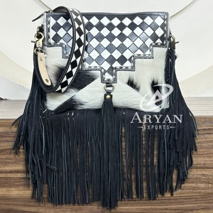 Latest Trending Designer 2025 Checkered <b>Design</b> Luxury Fringe Handbag Hand Tooled Leather Genuine Cowhide Leather Shoulder <b>Bags</b> - Product Image 1