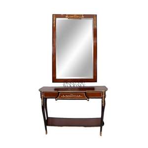 Console de toilette classique de luxe avec miroir, plateau en marbre, design en bois artisanal, accents dorés, meubles de style français - Product Image 1