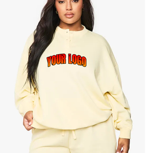 Sudadera de algodón 100% de gran tamaño con cuello abotonado para mujer, sudadera transpirable anticontracción para mujer, Sudadera con capucha color crema para niñas - Product Image 1