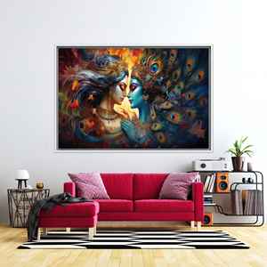 Tableau imprimé sur toile Krishna Radha - Décoration murale hindoue, design moderne, 1P : encadré blanc - Product Image 1