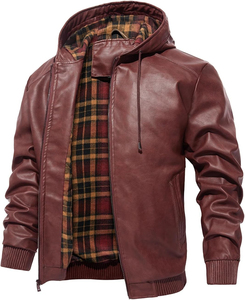Blouson en cuir à capuche pour homme 2026, couleur unie, fermeture éclair, décontracté, coupe ajustée, manches classiques, pour l'automne - Product Image 5