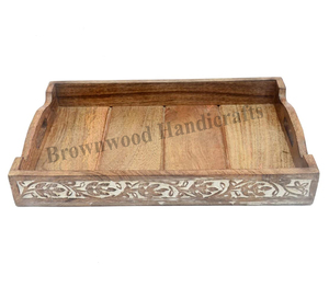 <b>Hotel</b> and <b>Restaurant</b> <b>Supplies</b> Rectangular Hand Carved Wooden Tray Set Mango Wood Food Serving Trays Set of 2 with Handles - Product Image 5