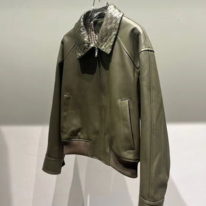 Blouson bomber en peau de mouton pour femme, vert olive, col montant, fermeture éclair, coupe-vent, manches longues, séchage rapide - Product Image 4