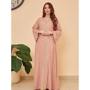 Ruffle satén árabe vestido largo nuevas mujeres musulmanas amarillo Kaftan islámico Maxi vestido manga larga árabe Jilbab Abaya venta al por mayor de en - Product Image 3