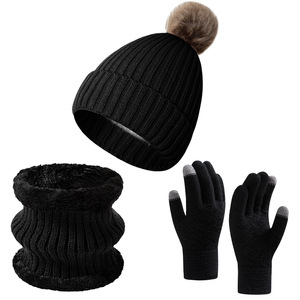 Ensemble trois pièces pour homme et femme, écharpe, gants et bonnet en laine tricotée, doublure en polaire thermique, épaissi pour l'hiver - Product Image 2