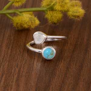 Kingman Turquoise Moonstone Sterling <b>Silver</b> Bezel Setting <b>Adjustable</b> Bypass Design Handmade Luxury Boho Gemstone Unisex <b>Ring</b> - Product Image 3