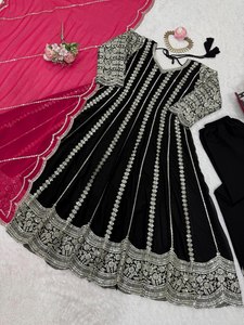 Conjunto exclusivo de palazzo anarkali para mujer, en georgette sintética, tonos elegantes, comodidad interior, con detalles de lentejuelas y bordados, ideal para ocasiones festivas. - Product Image 6