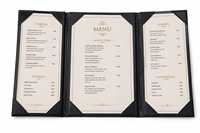 Porte-menu noir à trois volets avec design doré, couverture de menu de restaurant de luxe