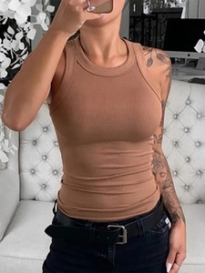 Camiseta sin mangas acanalada con cuello redondo liso para mujer, camiseta sin mangas elástica básica de verano para mujer, camiseta sin mangas sólida con cuello redondo - Product Image 5