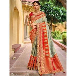 Sari Tradicional de Seda Dola Pura en un Delicioso Gris y Naranja con Bordado para Bodas y Festivales - Product Image 4