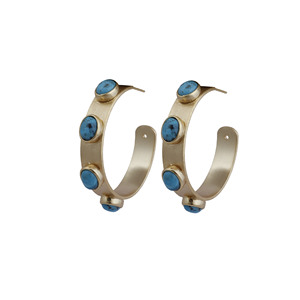 Turquoise Gemstone Décembre Birthstone Hoop Boucles D'oreilles En Laiton Plaqué Or À La Mode Designer Forme Ovale Collet Ensemble À La Mode - Product Image 2