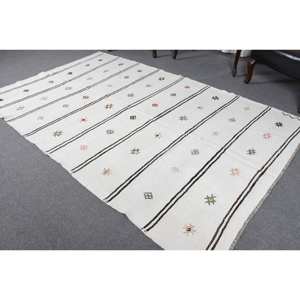 Tapis de salon moderne en laine blanche de 5.4x8,9 pieds avec motif patchwork rayé et support en latex de style turc - Product Image 4