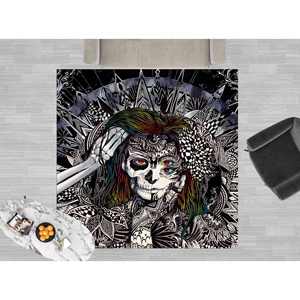Tapis imprimé avec dessin de femme crâne, art moderne abstrait, tapis à poils doux - Product Image 1