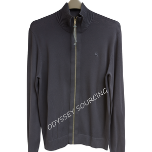 Cárdigan de cuello falso con cremallera completa para hombre, cárdigan de punto de algodón con cierre de cremallera metálica frontal con mangas extractoras con puños acanalados y dobladillo - Product Image 1