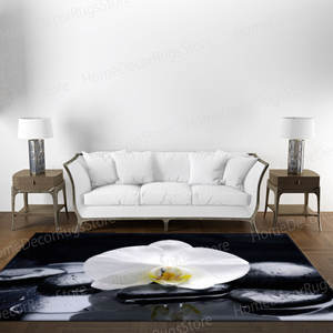 Tapis imprimé pierres de spa et orchidée : chenille, antidérapant, motif botanique, tapis en chenille - Product Image 1
