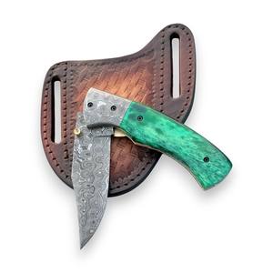 Couteau pliant en acier Damas de fabrication nordique, verrouillage interne, manche en résine, étui en cuir, 8 pouces, qualité industrielle, pointe tombante, couteau de poche EDC - Product Image 5