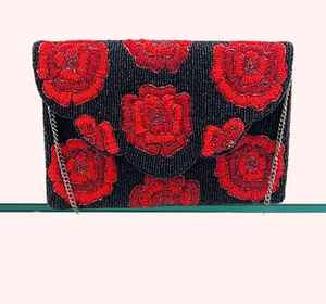 กระเป๋าคลัทช์ประดับลูกปัดลายดอกไม้สีแดงชมพูชมพูกุหลาบแดงกระเป๋าถือสไตล์โบฮีเมียน - Product Image 4