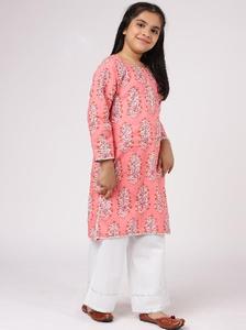 Kurta court droit en coton à manches longues imprimé rose avec pantalon palazzo pour enfants - Product Image 6